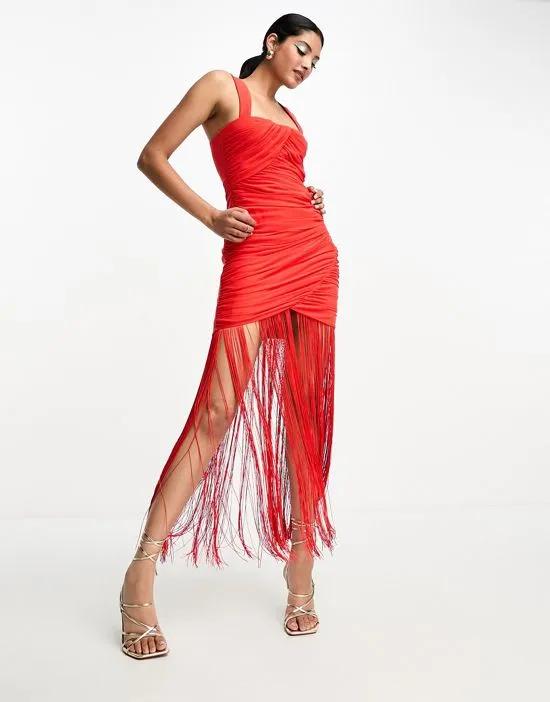 square neck mesh ruched maxi dress with fringe detail in red
