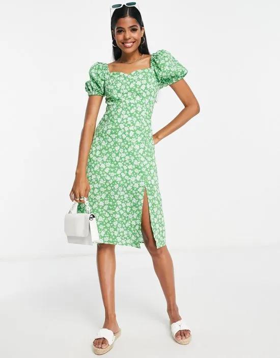 square neck midi dress in green floral print