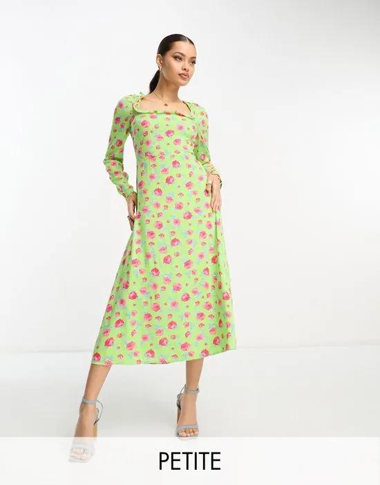 square neck midi dress with lace up back in green floral print