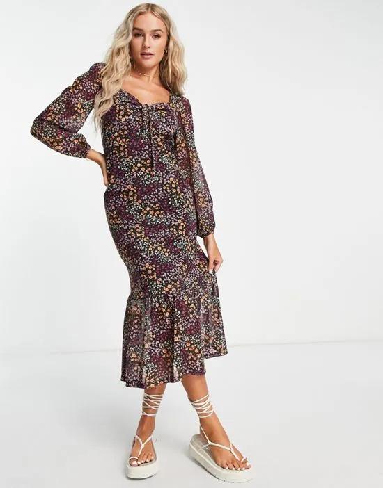 square neck midi tea dress with mesh sleeves in micro floral
