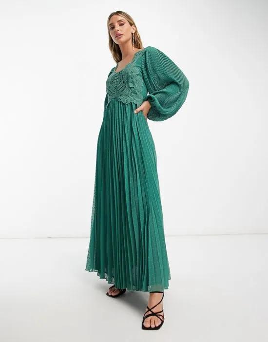 square neck pleated textured embroidery maxi dress in dark green