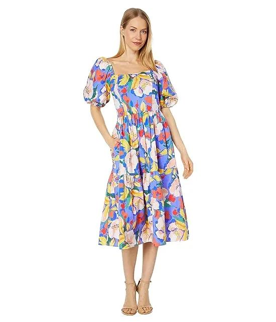 Square Neck Puff Sleeve Flounce Floral Midi Dress