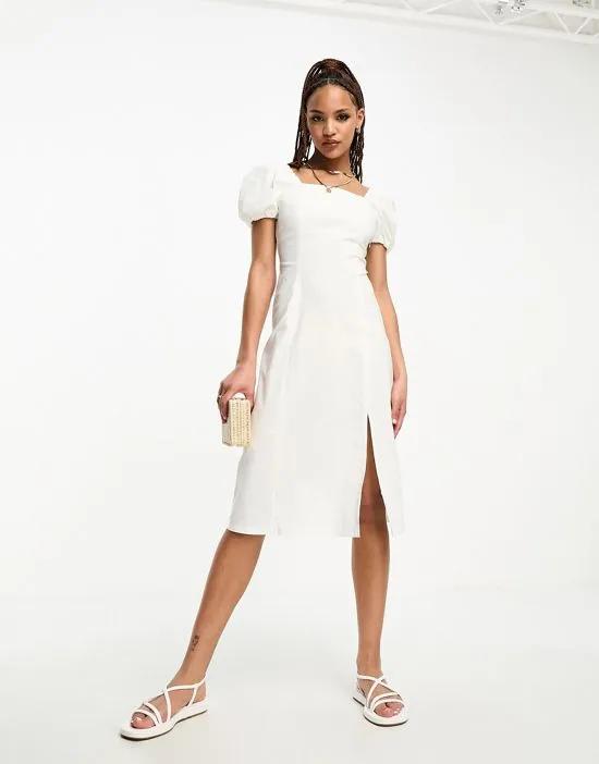 square neck puff sleeve midi dress in white