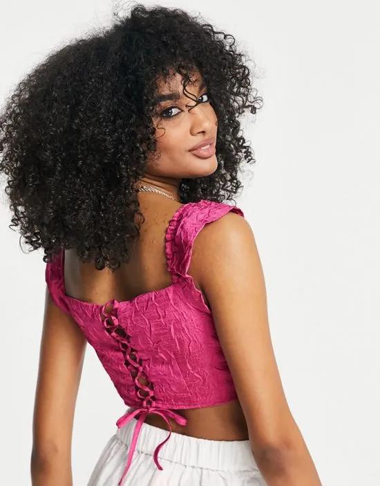 square neck ruched top in deep pink