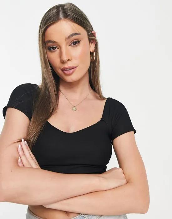 square neck seamless short sleeve crop top in black