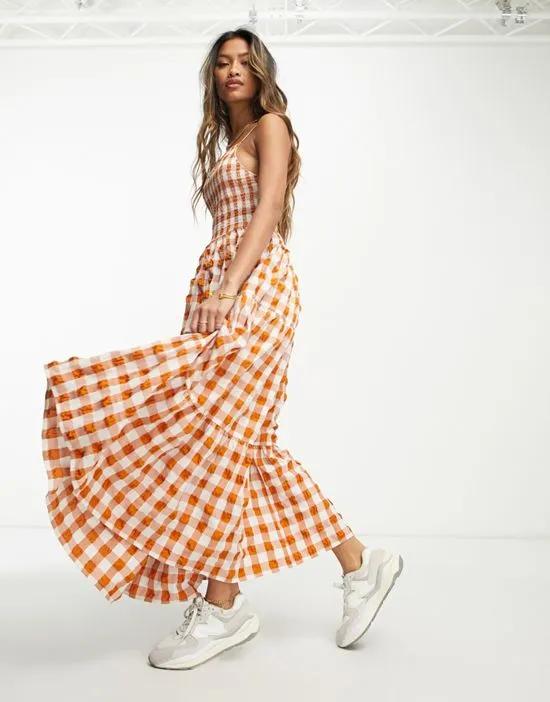 square neck shirred maxi sundress in rust gingham