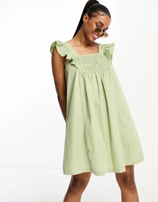 square neck smock mini dress with lace front in sage green