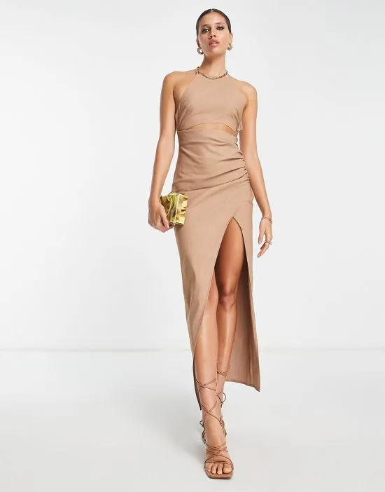 square neck structured midi dress with drape skirt in stone