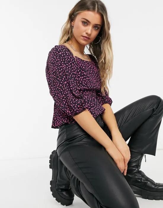 square neck textured top in black pattern