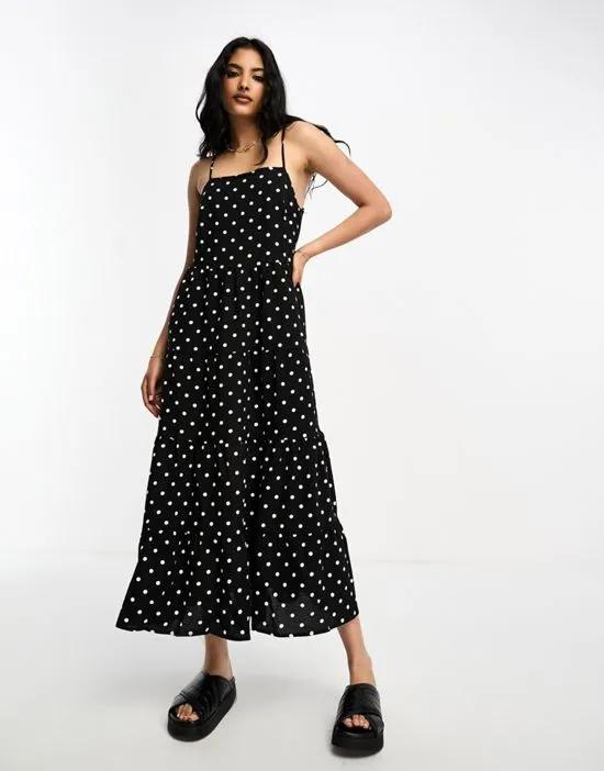 square neck trapeze midi dress in black polka dot