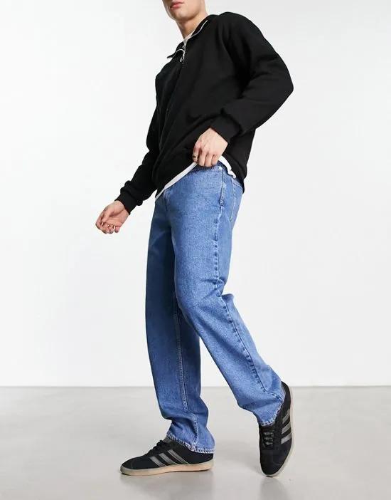 straight leg jeans in mid wash blue