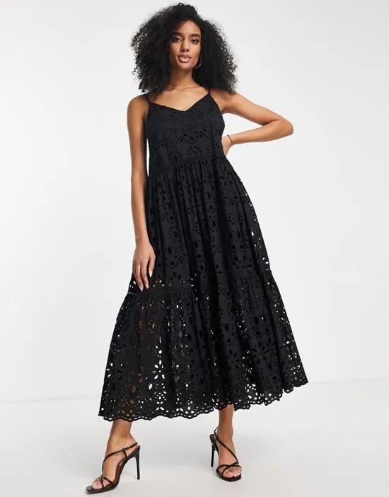 strappy cami tiered broderie maxi dress in black