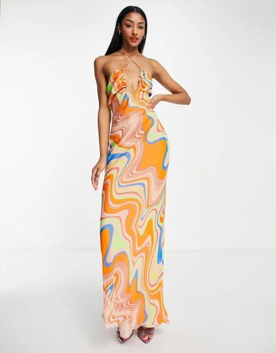 strappy cross front maxi dress with all-over swirl print in orange