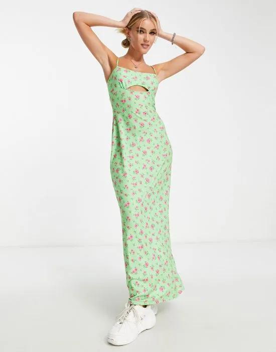 strappy cut-out detail maxi dress in green ditsy floral