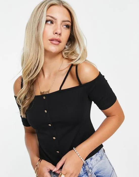 strappy jersey top in black