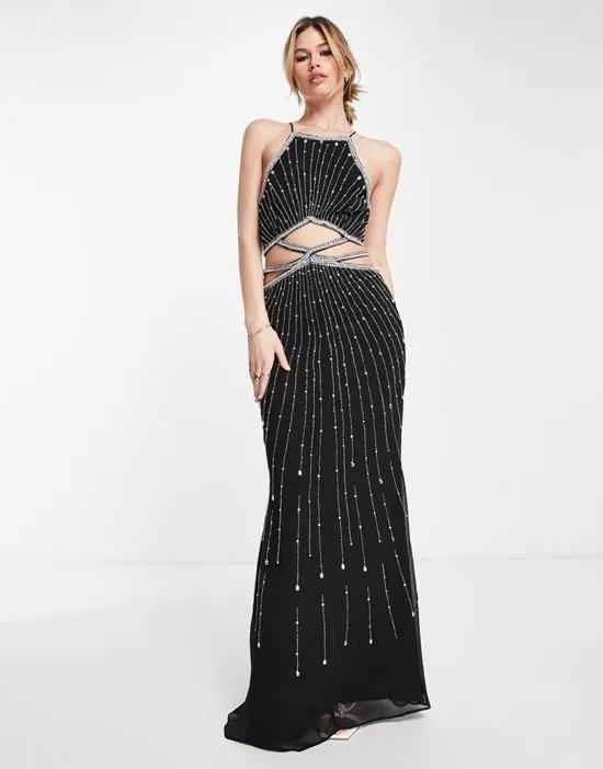 strappy maxi dress with pearl and linear embellishment in black