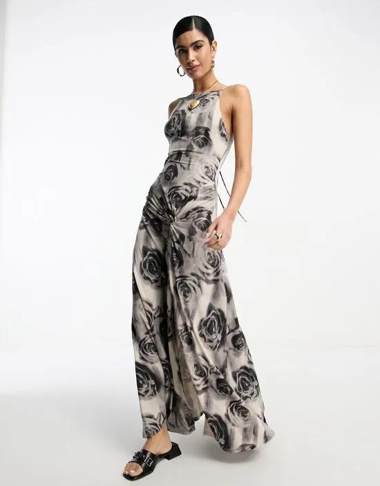 strappy maxi dress with twist detail in mono rose