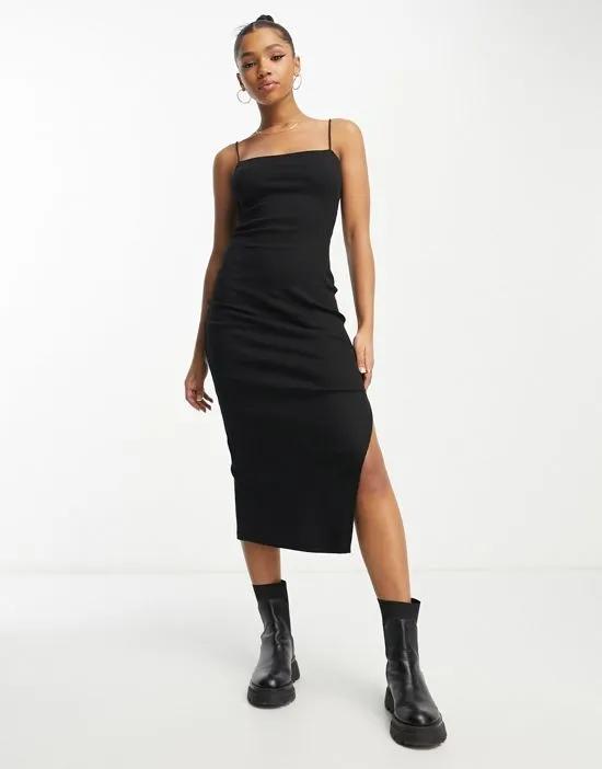 strappy midi dress with split detail in black