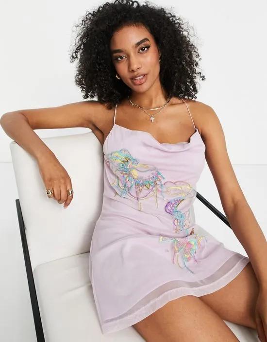 strappy mini dress with butterfly embroidery in lilac