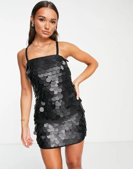 strappy mini dress with PU disc sequin in black