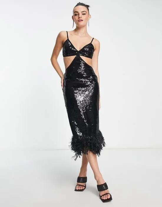 strappy sequin maxi dress with faux feather hem detail in black