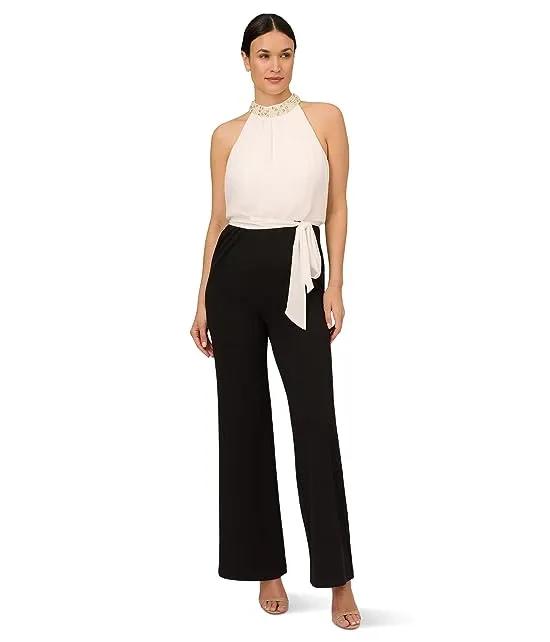 Stretch Crepe Chiffon Blouson Jumpsuit with Pearl Necklace