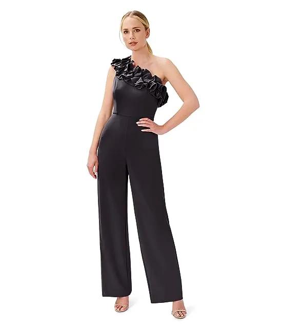 Stretch Crepe Ruffle One Shoulder Jumpsuit