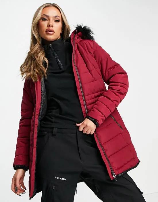 Striking longline ski jacket burgundy