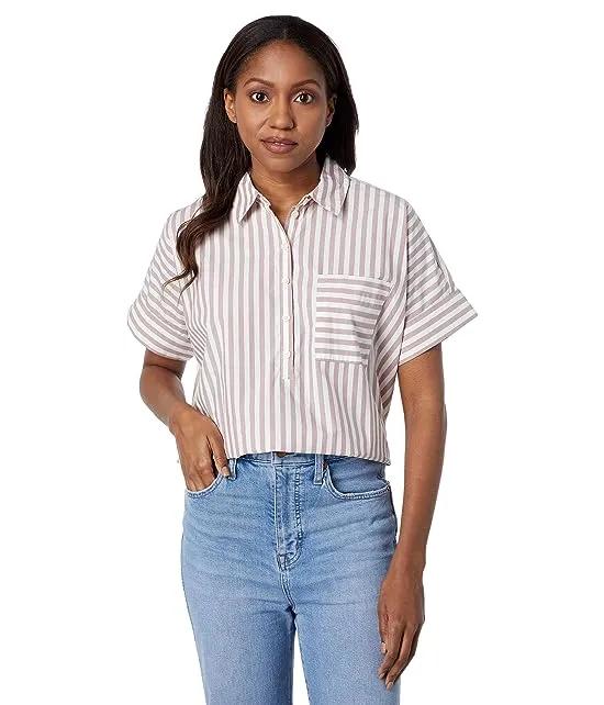 Stripe-Play Button-Up Popover Shirt