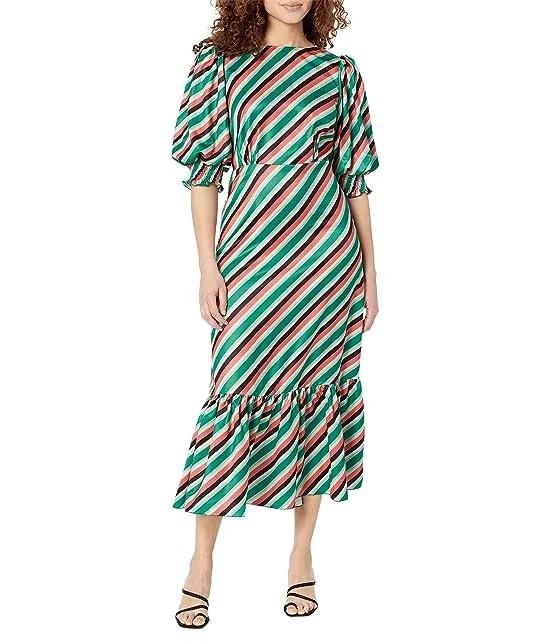 Stripe Satin Peplum Midi Dress