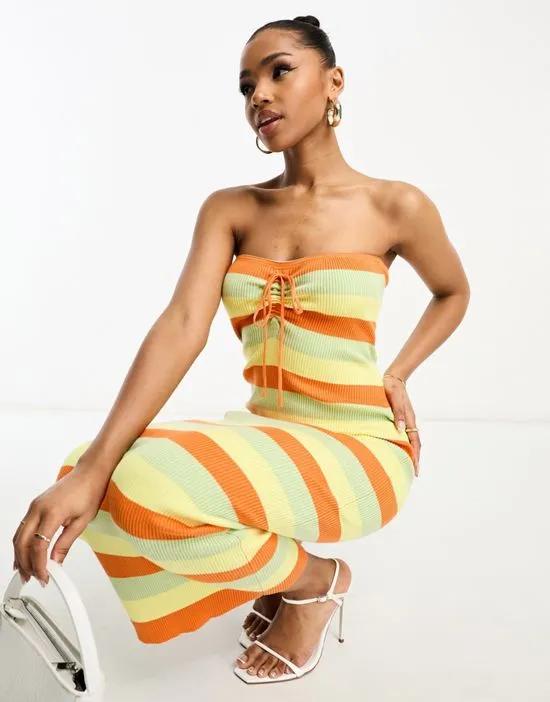 striped bardot detail midaxi dress in multi
