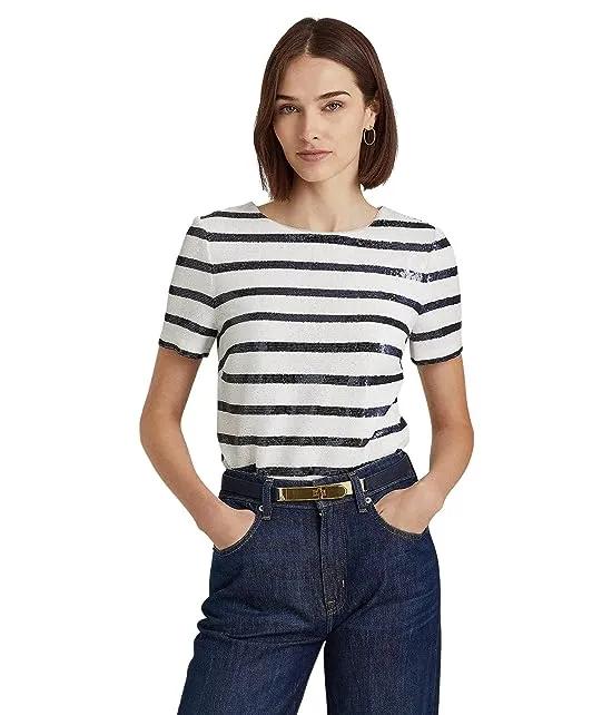Striped Sequined Short Sleeve Blouse