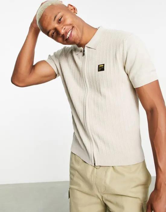 striped zip thru polo shirt in oatmeal