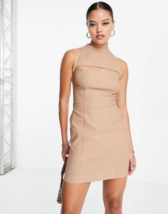 structured racer mini dress with slit detail in camel