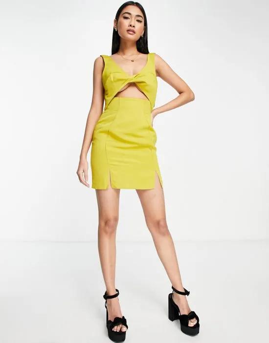 structured twist front mini dress in chartreuse