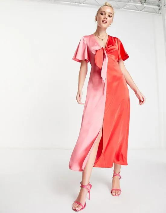 Style Cheat contrast tie front midi dress in pink and red color block