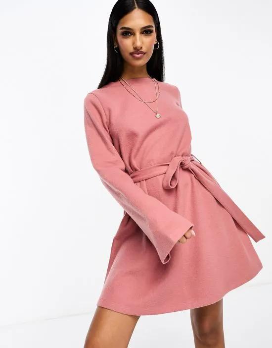 super soft flare sleeve sweater swing mini dress with belt in dusty pink