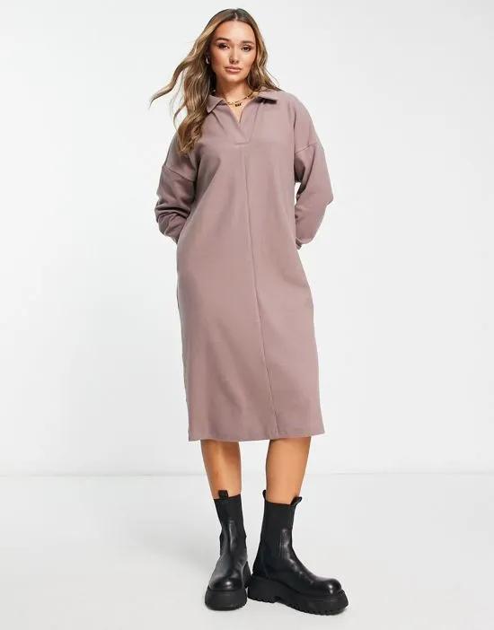 super soft long sleeve polo midi sweater dress in taupe