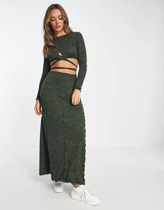 supersoft long sleeve wrap around detail maxi dress in green spacedye