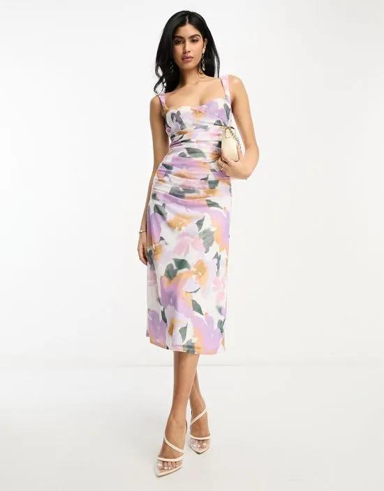 sweetheart neck soft a-line mesh midi dress in lilac smudge floral