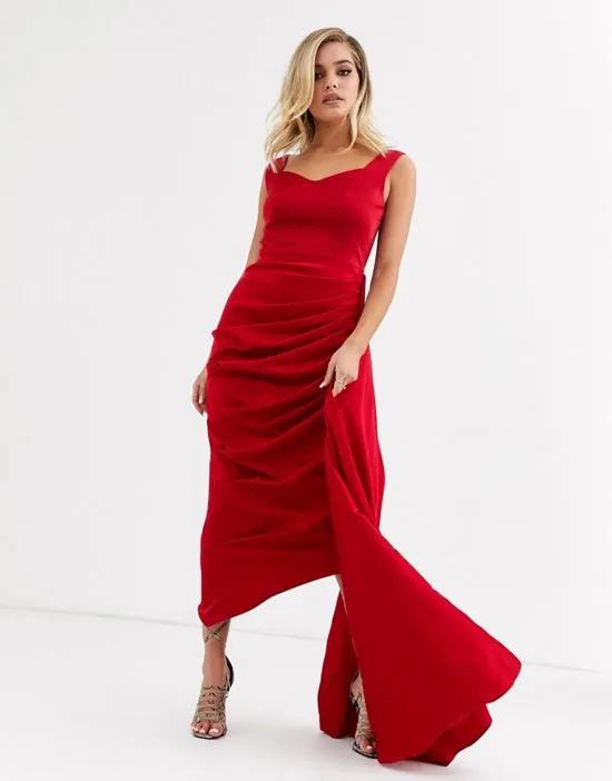 sweetheart plunge midi dress with extreme drape detail in red