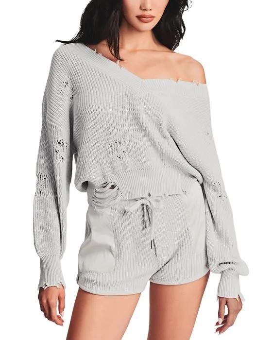 Syd Distressed Cotton V Neck Sweater
