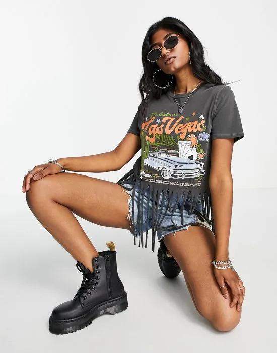 t-shirt with las vegas graphic print and shredded hem in charcoal