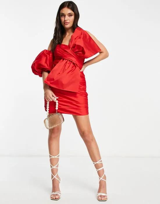 taffeta one sleeve bow mini dress in red