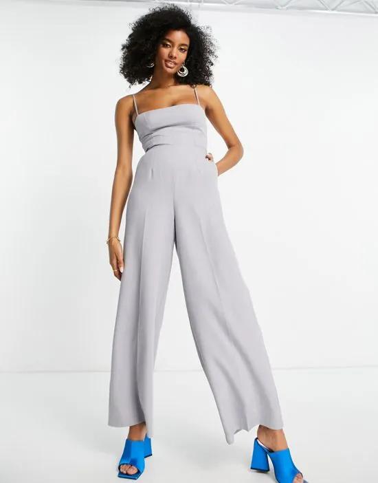 tailored melange suiting strappy back wide leg jumpsuit in gray