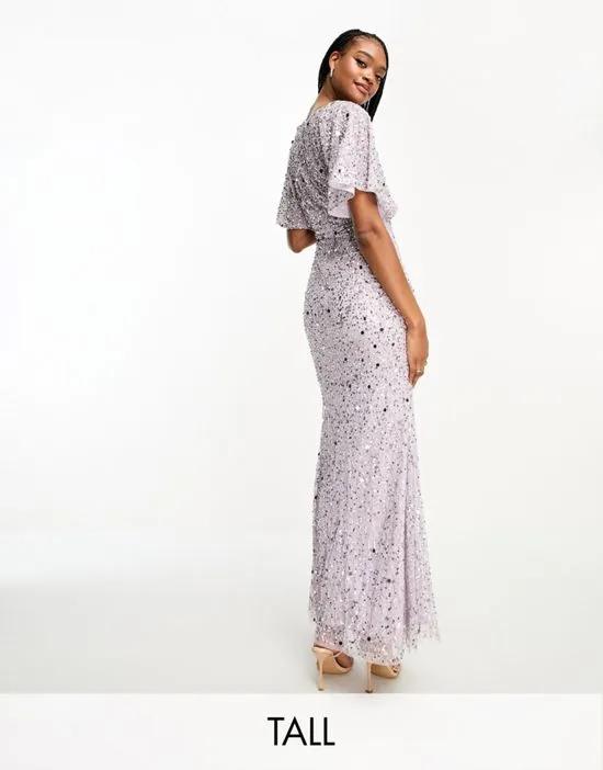 Tall Bridesmaid embellished maxi dress with flutter sleeve in lilac