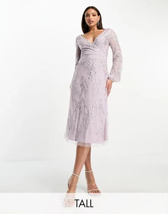 Tall Bridesmaid embellished wrap front midi dress in lilac