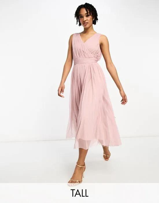 Tall Bridesmaid midi tulle with bow back in frosted pink