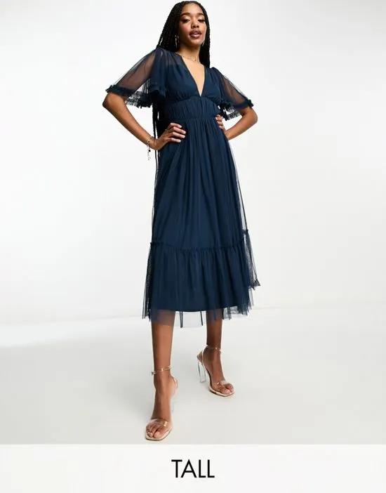 Tall Bridesmaid tulle midi dress with flutter sleeve in navy