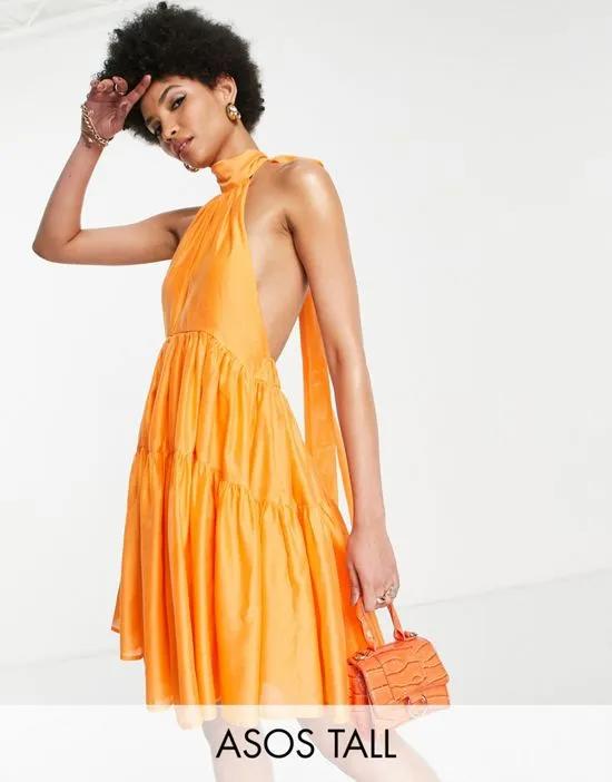 Tall halter tiered voile mini dress with tie back detail in orange